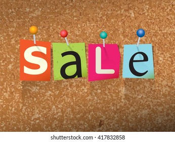 The word "SALE" written in cut ransom note style paper letters and pinned to a cork bulletin board. Vector EPS 10 illustration available.
