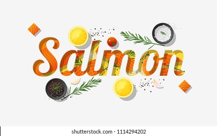Word salmon design decorated with fresh raw salmon fish and spices on white background , vector , illustration