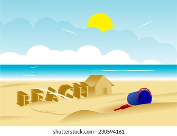 The word and a sand house on a beach and children's toys