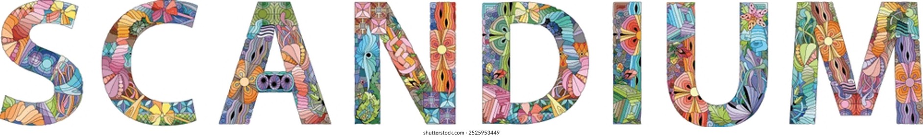 Palabra SCANDIUM. Es un elemento químico. Objeto decorativo del zentangle del Vector para cualquier propósito