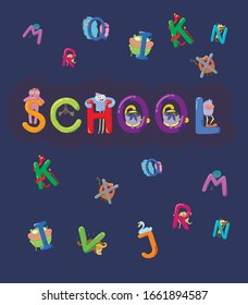 
das Wort "Schule"auf blauem Hintergrund und Briefe mit Monstern auf dem Hintergrund
