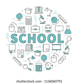The word SCHOOL surrounded by icons. Vector background illustration.
