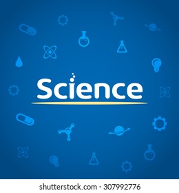 The word Science on dark blue background with science icons. Vector illustration