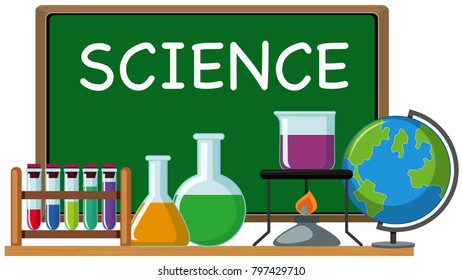 Word science on green board and science equipments illustration