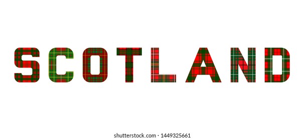 The word "Scotland" composed of letters from Scotland clan tartans. White background.