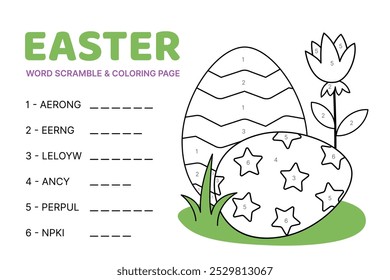 Word scramble and cloring page with Easter eggs in grass. English words. Sort letters into correct order. Cartoon, Isolated vector illustration eps 10