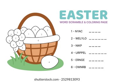 Word scramble and cloring page with Easter basket of eggs. English words. Sort letters into correct order. Cartoon, Isolated vector illustration eps 10