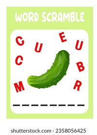 word scramble. cucumber. Educational game for preschoolers