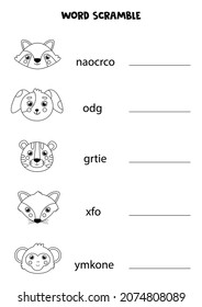 Word scramble for kids with cute animals. Sort letters into correct order. Worksheet for children.