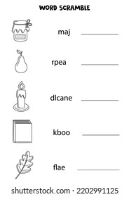 Word scramble for kids. Sort letters into correct order. Worksheet for children.