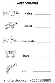 Word scramble for kids. Sort letters into correct order.  Sea animals.