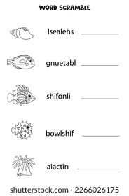 Word scramble for kids. Sort letters into correct order.  Sea animals.