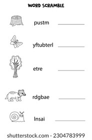 Word scramble for kids. Sort letters into correct order. Forest animals.