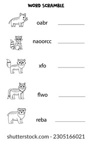 Word scramble for kids. Sort letters into correct order. Forest animals.