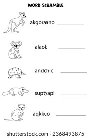 Word scramble for kids. Sort letters into correct order. wild Australian animals.