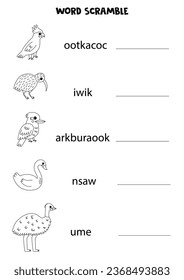 Word scramble for kids. Sort letters into correct order. wild Australian animals.