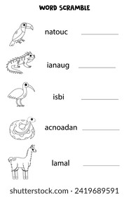 Word scramble for kids. Sort letters into correct order. South American animals.