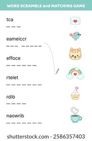 Word scramble and matching game with cat, rainbow, ice cream. English words. Sort letters into correct order. Cartoon, Isolated vector illustration eps 10