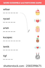 Word scramble and matching game with. Valentines day. English words. Sort letters into correct order. Cartoon, Isolated vector illustration eps 10