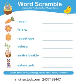 Word Scramble worksheet. Complete the letters in English. Kids educational game. Printable worksheet for preschool. Writing practice. Vector file.