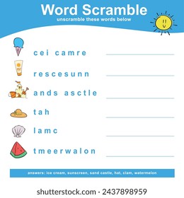 Word Scramble worksheet. Complete the letters in English. Kids educational game. Printable worksheet for preschool. Writing practice. Vector file.