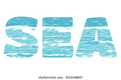 The word sea creative typography, beautiful sea view with fleecy waves, ocean scenery, thick font with picture inside, double explosure, trendy vector illustration for summer print.