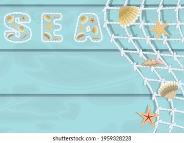 word "sea" made of ropes and shells, illustration with place for text