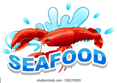 Word seafood and lobster on water illustration