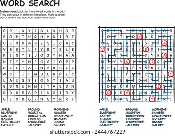 WORD SEARCH 001. Vector palabra juego de rompecabezas con solución.