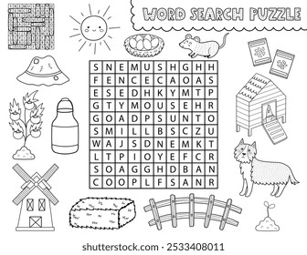 Word search black and white puzzle with cute farm objects and characters. Find the hidden words activity page for kids in outline. Perfect for coloring. Vector illustration