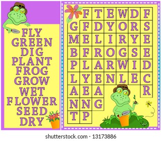 Word search, children's colorful springtime word search puzzle with gardening frogs and flowers.Vector.