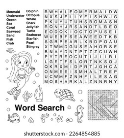 Word search with coloring page. Educational game with sea and ocean words. Learn English for children. Underwater theme. Printable activity page. Crossword for children. Vector illustration.