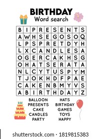 Búsqueda de crucigrama para niños. Tema de cumpleaños. Juego educativo para estudiar el vocabulario inglés. Hoja de cálculo imprimible.