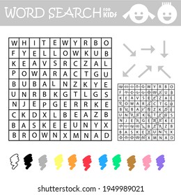 Word search crossword puzzle. Colors. Find the color name words in the puzzle and cross them out. Vector educational game for children. Worksheet learning English language