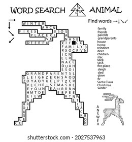 Word Search Crossword Puzzle. Deer. Winter. Find the listed words in the puzzle and cross them out. Printable black and white educational activity page. Worksheet. Game for kids, adults