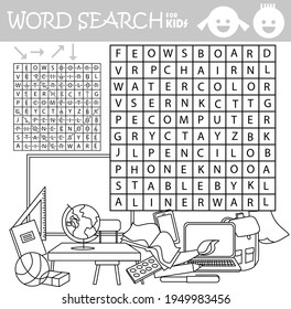 Word search crossword puzzle. School equipment. Find and cross the words show in the picture. Coloring picture. Vector educational activity page for children. Worksheet learning English language