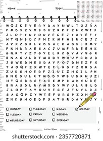 Word search days of the week. Educational game for children. fun activities for kids to play and learn.