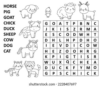 Word search game for children. Crossword with farm animals. Educational puzzle. Printable worksheet. Coloring page for kids. Find words in a table. Vector illustration.