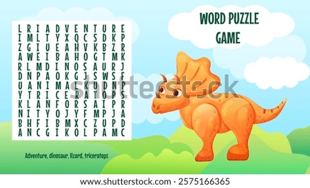 Word search game for children with cute dinosaur. Vector illustration