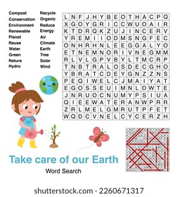 Word search game. Earth day theme. Educational puzzle for kids. Learn English. Zero waste. Activity page for children. Vector illustration.