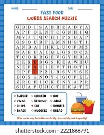 Word search game fast food word search puzzle worksheet for learning english.
