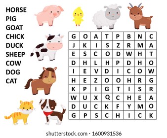 Word search game. Kawaii cartoon farm animals. Learn english words. Educational worksheet for preschool and school children.