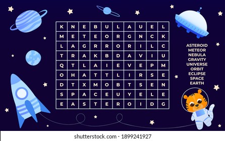 Word search game for kids, find english words, galaxy explore concept with cartoon character and spaceship, planets and stars, educational puzzle for preschooler