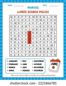 Word search game months word search puzzle worksheet for learning english.
