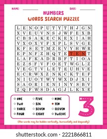 Word search game numbers word search puzzle worksheet for learning english.
