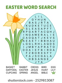 Jogo de busca de palavras quebra-cabeças para crianças em forma de ovo. Feliz Páscoa. Palavras em inglês. Desenho animado, ilustração vetorial isolada eps 10
