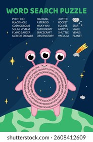 Word search game puzzle for kids. Alien in space. English words. Cartoon. Isolated vector illustration eps 10