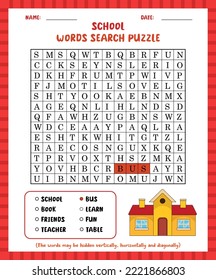 Word Search Game School Word Search Puzzle Worksheet For Learning English.
