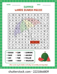 Word Search Game Summer Word Search Puzzle Worksheet For Learning English.
