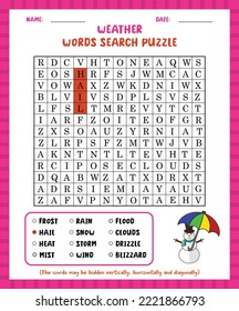 Word search game weather word search puzzle worksheet for learning english.
